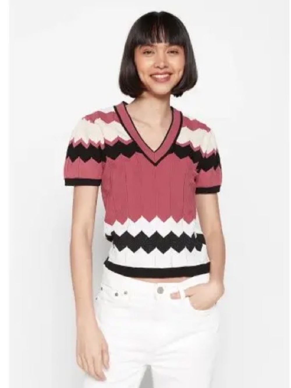 Diane Von Furstenbberg DVF V-Neck Short Sleeve Chevron Shirt Pink Black White XS